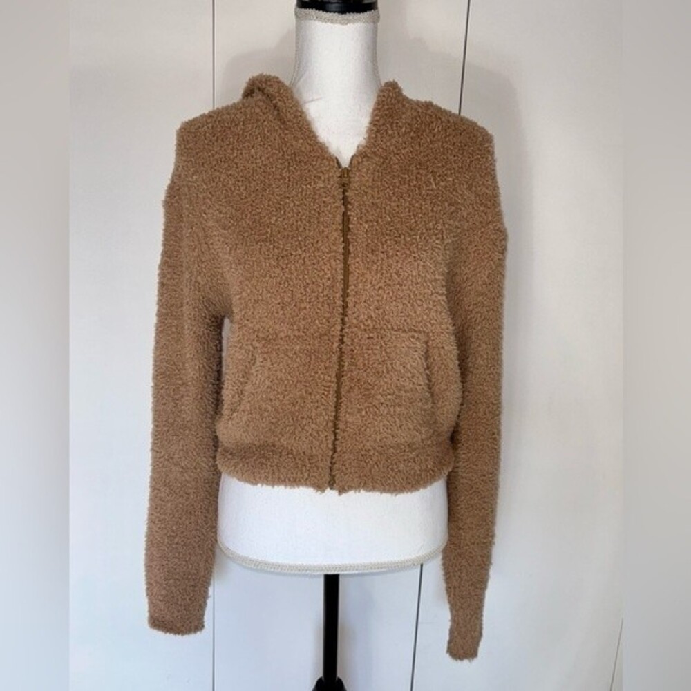 Young Fabulous & Broke Brown Fuzzy Full Zip Hoodie Sweatshirt Small Crop Teddy